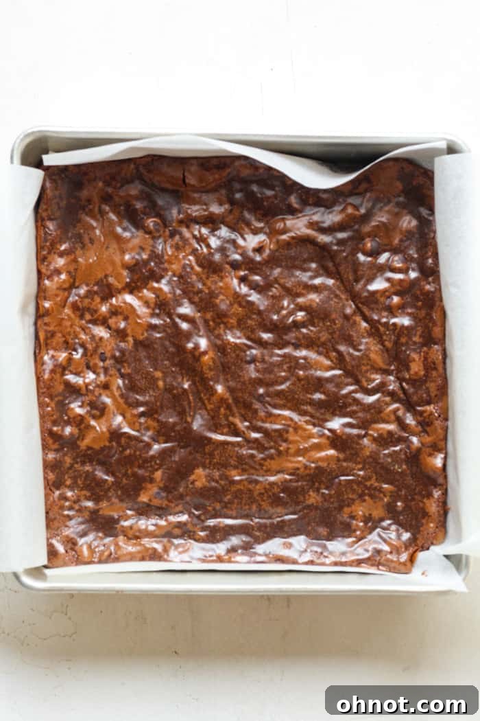 Freshly baked dairy-free brownies with a beautiful shiny, crinkly top, straight from the oven.