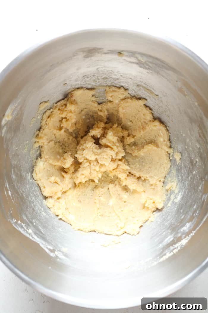 Creamed vegan butter and sugars in a mixing bowl, light and fluffy.