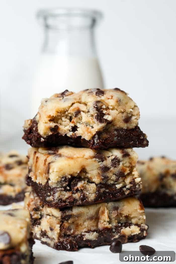 Glorious cookie dough brownies, showcasing their distinct and gooey layers.