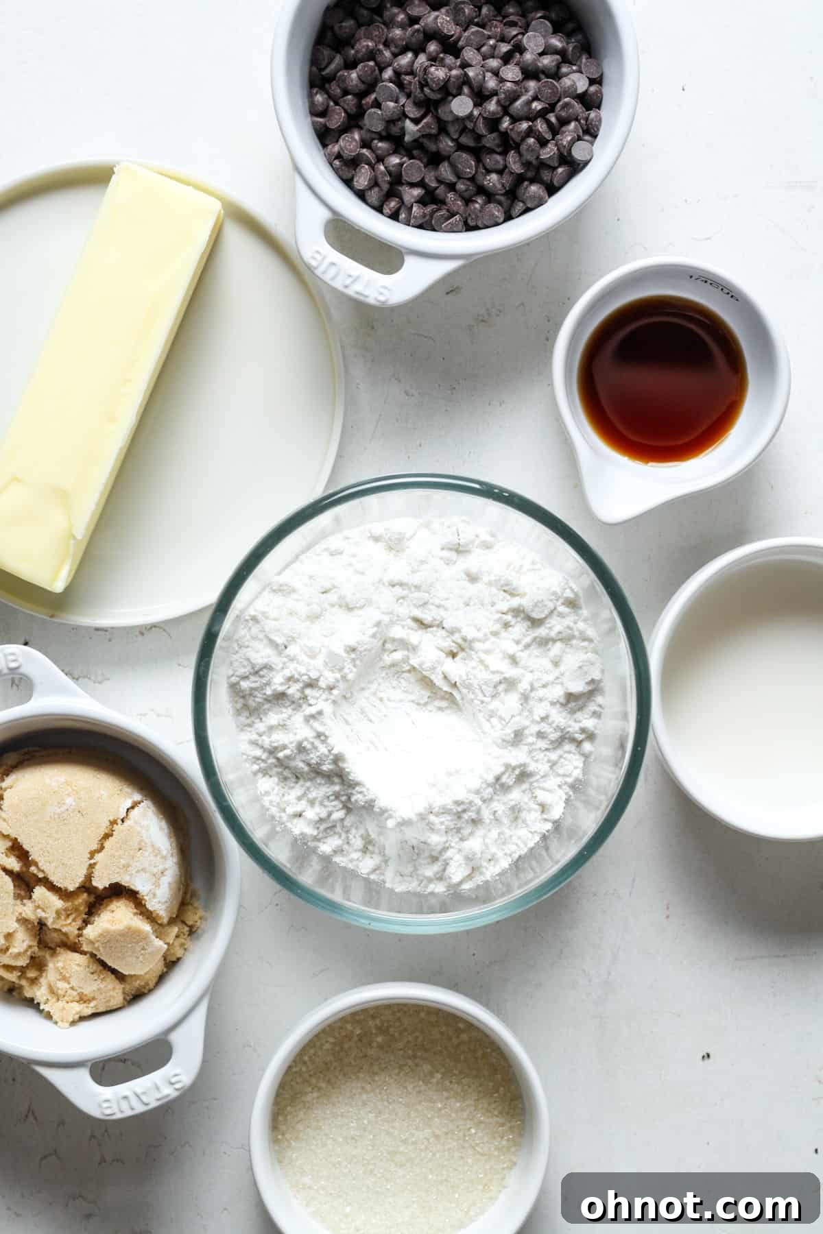 Heat-treated flour alongside other essential cookie dough ingredients for safe consumption.