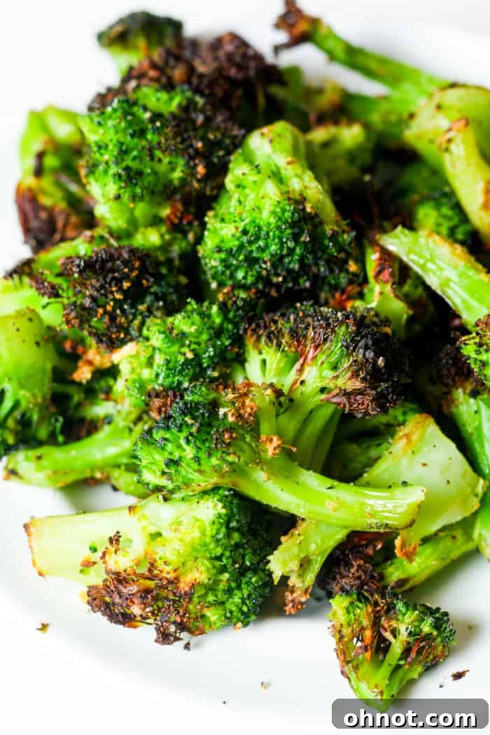 Air fryer frozen broccoli, perfectly crispy and ready to serve.