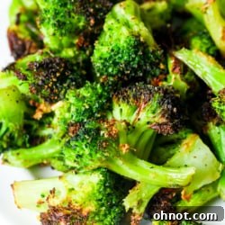 Close-up of crispy air fryer frozen broccoli.
