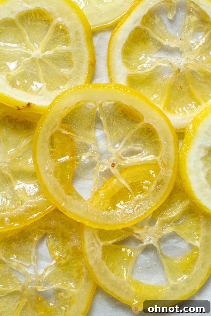 Vibrant candied lemon slices arranged beautifully on a serving dish, highlighting their sweet and tart appeal.