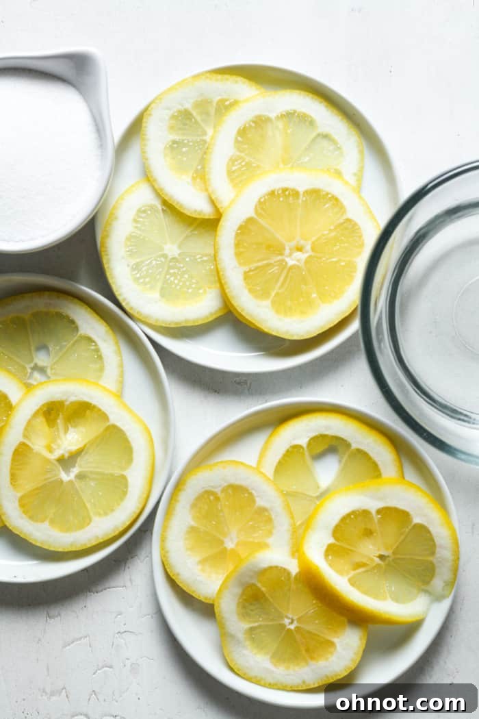 Fresh lemons and granulated sugar, the key ingredients for homemade candied lemon slices, laid out on a kitchen surface.