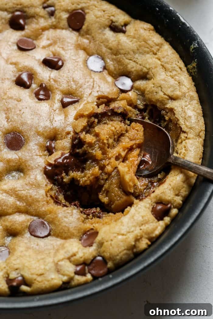 A close-up of a warm, gooey mini skillet cookie with melted chocolate.