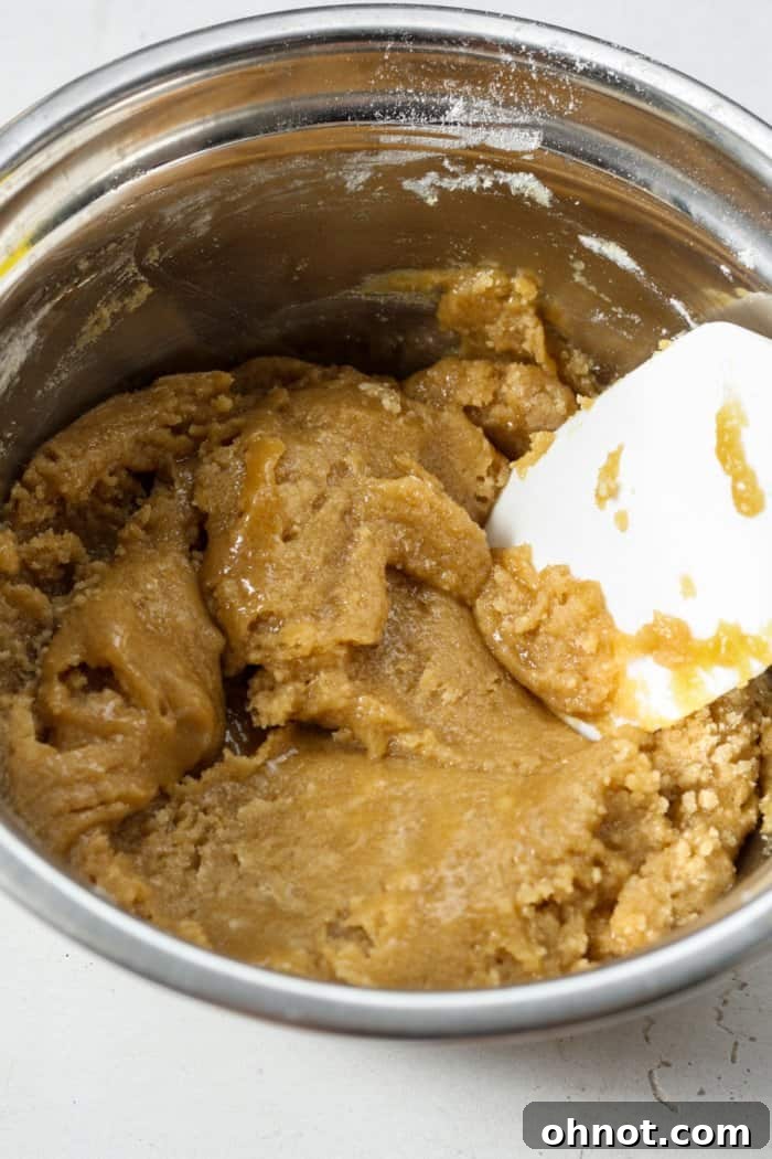 Smooth, creamy cookie dough after adding dry ingredients.