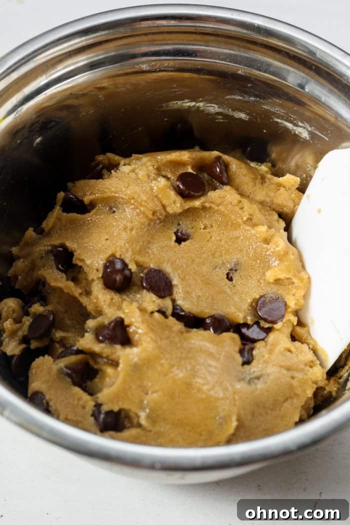 Gooey chocolate chip cookie dough with chocolate chips folded in.