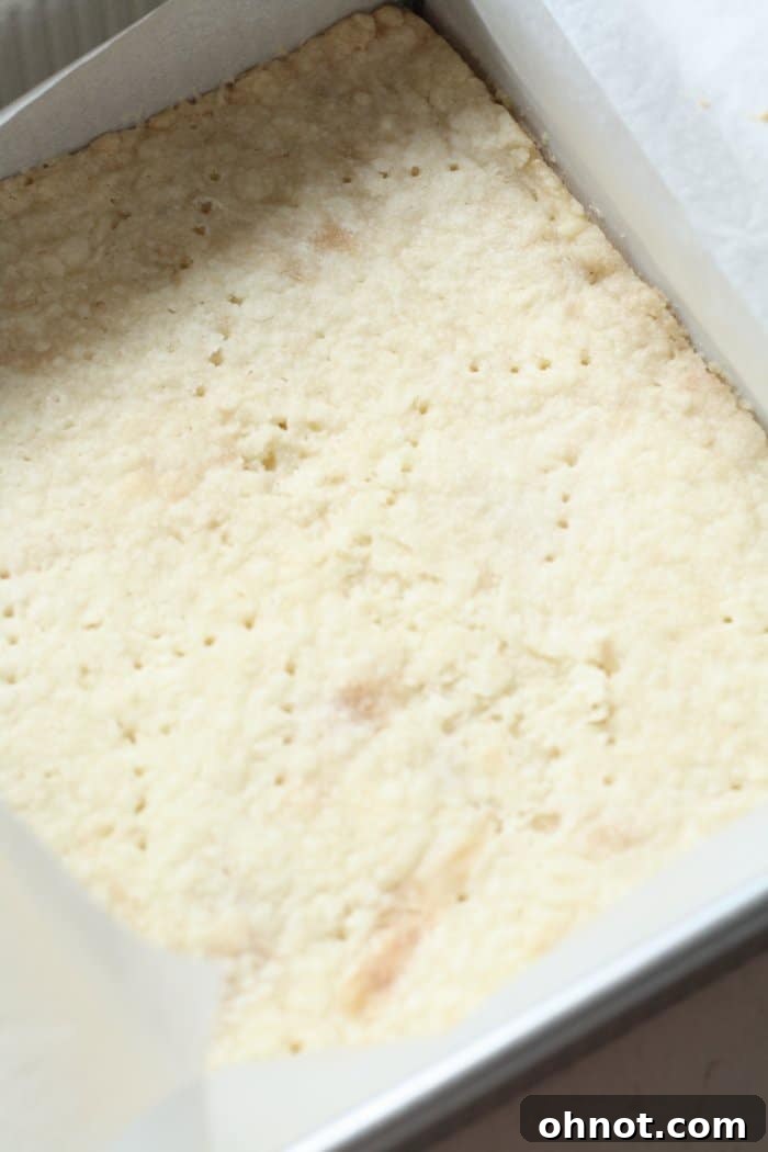 Baked shortbread crust with light fork holes poked across the surface.