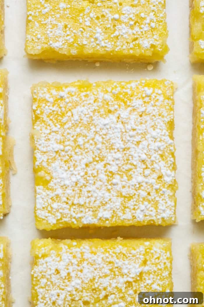 Gluten-free lemon squares dusted with powdered sugar, ready for slicing.