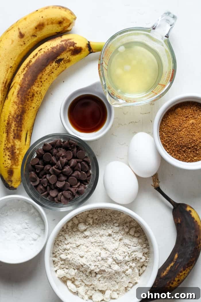 Brown spotted bananas ready for mashing, alongside other baking ingredients.