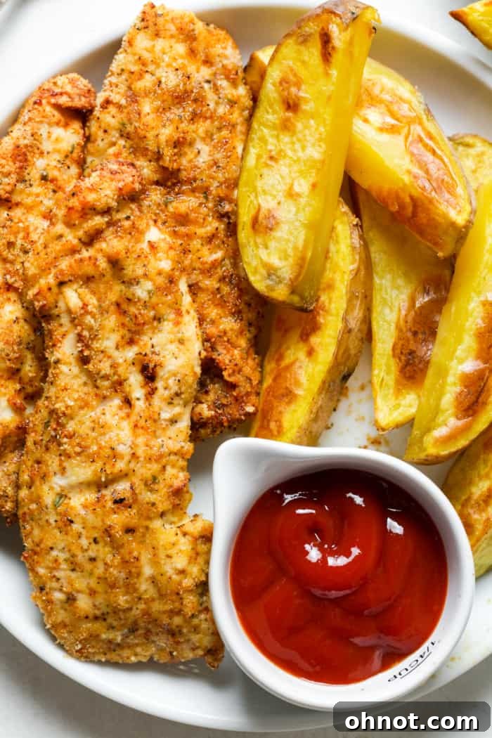Plated gluten-free chicken tenders with a side of crispy French fries and dipping sauce.