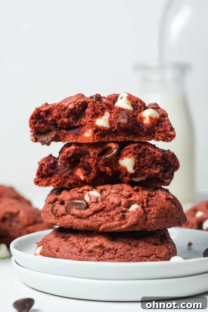A plate of gluten-free red velvet cookies, demonstrating their perfect texture and vibrant color.