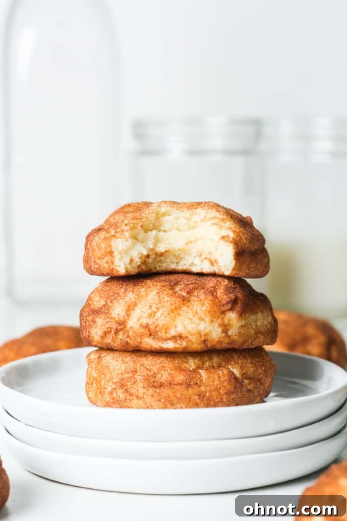 A neat stack of several Vegan Snickerdoodle cookies, showing their soft texture and cinnamon sugar coating.