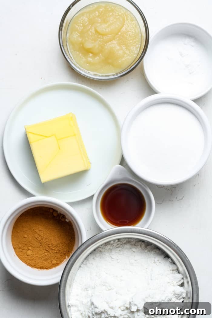 Individual ingredients laid out, including flour, vegan butter, applesauce, and spices for Snickerdoodles.