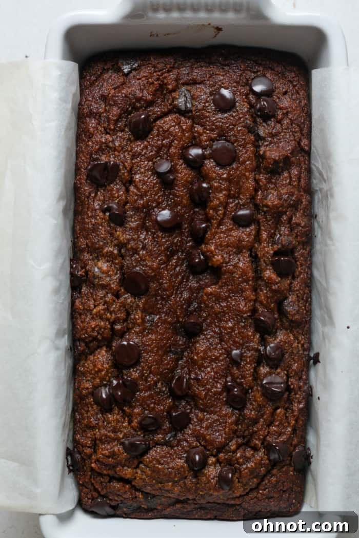 Freshly baked, dark golden-brown almond flour pumpkin bread resting in its loaf pan after being removed from the oven.