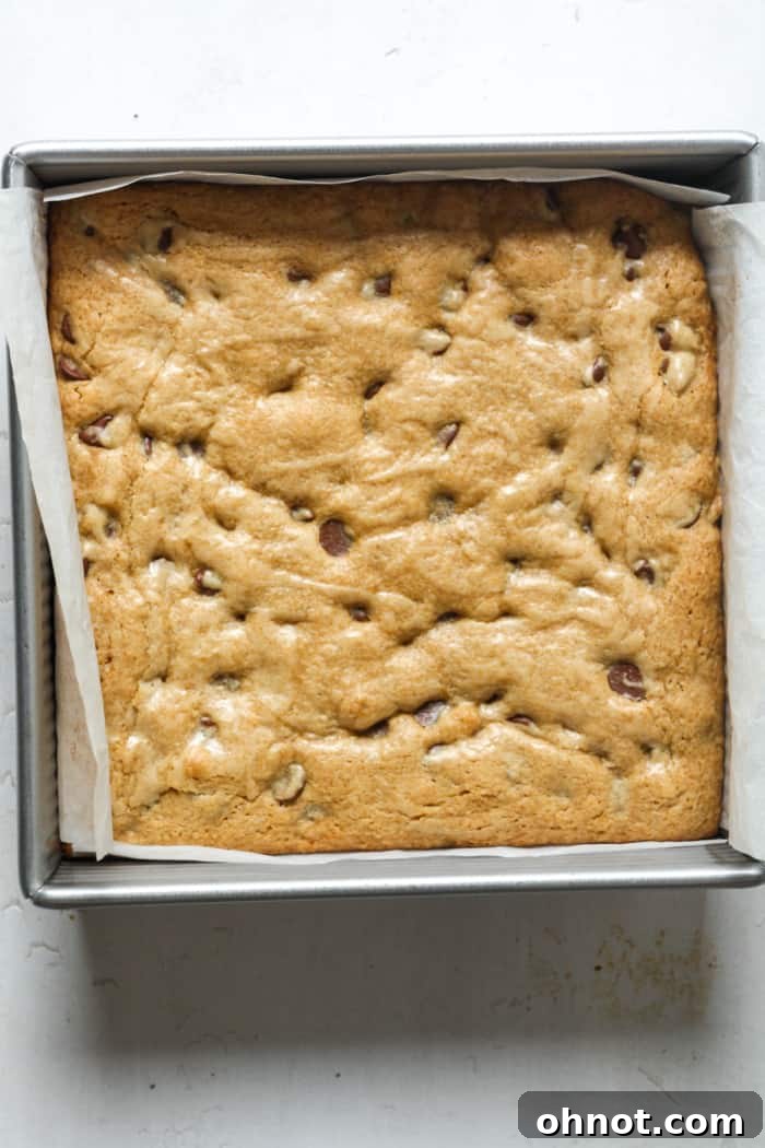 Freshly baked vanilla brownies, golden brown and perfectly cooked.