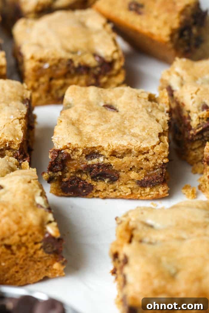 Close-up of baked gluten free blonde brownies, showing their perfect golden-brown color.