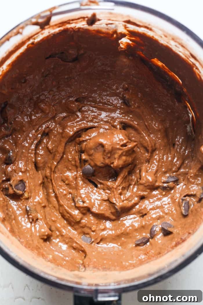 Rich chocolate brownie batter with chocolate chips stirred in.
