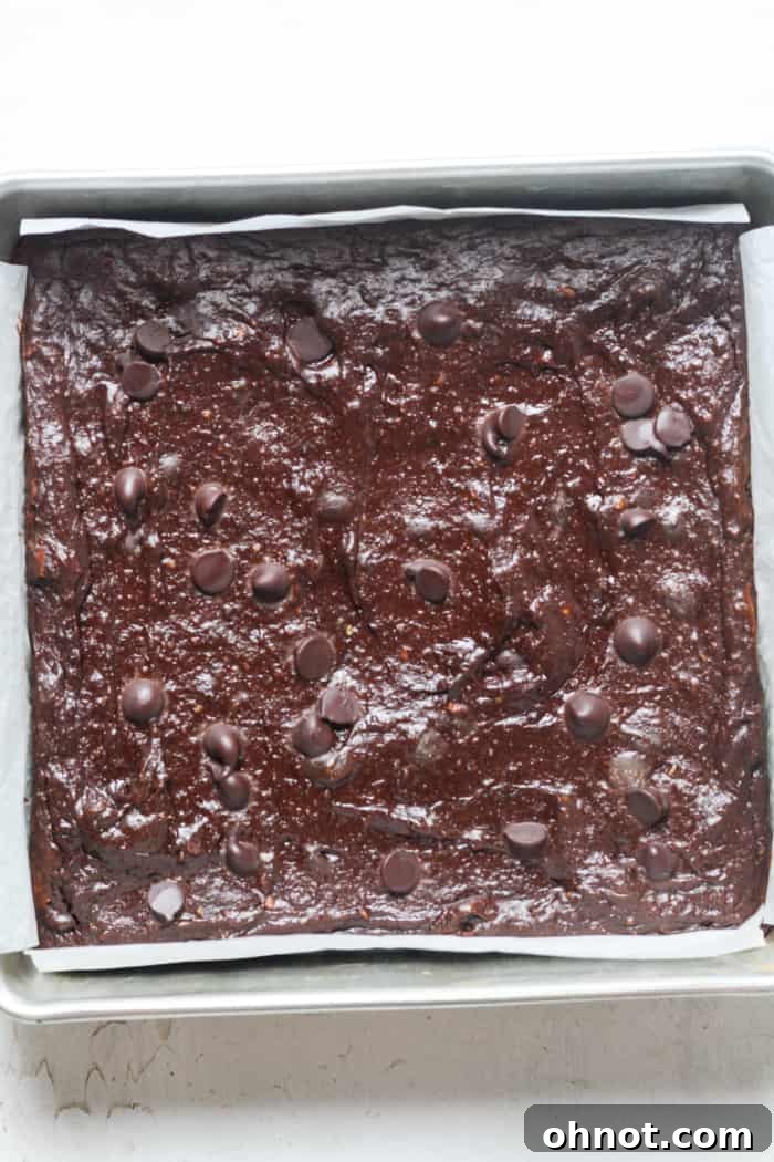 Freshly baked avocado brownies in the pan, still warm.