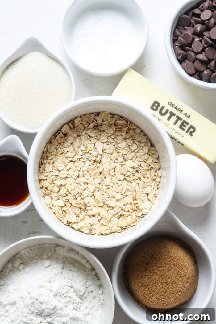 Assorted baking ingredients for gluten-free oatmeal chocolate chip cookies, including oats, flour, and chocolate chips.