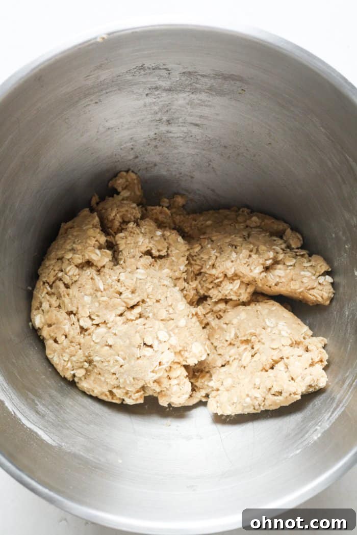 Gluten-free oats and other dry ingredients being mixed into the cookie dough.