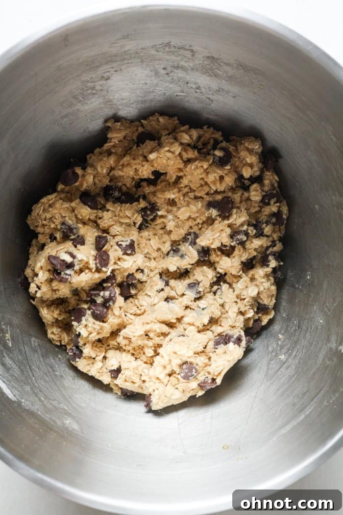 Finished oatmeal chocolate chip cookie dough in a bowl, ready to be scooped.