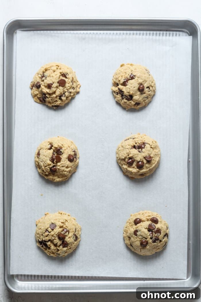 A fresh batch of baked oatmeal chocolate chip cookies on a baking sheet.