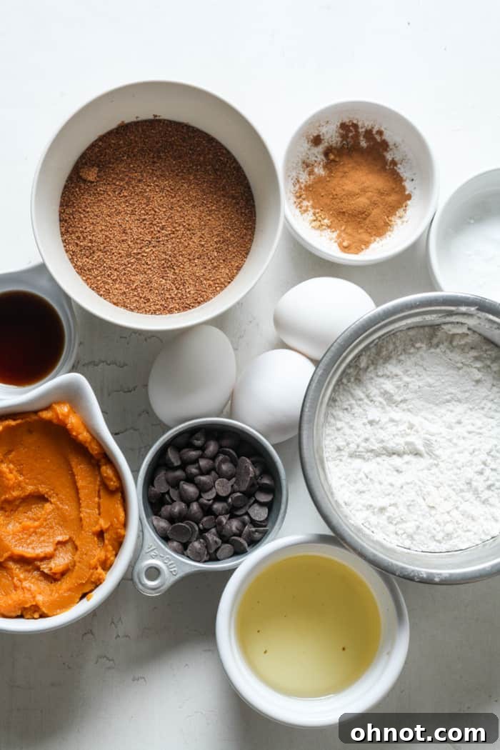 A collection of key ingredients for gluten-free pumpkin muffins including pumpkin puree, coconut sugar, and spices.