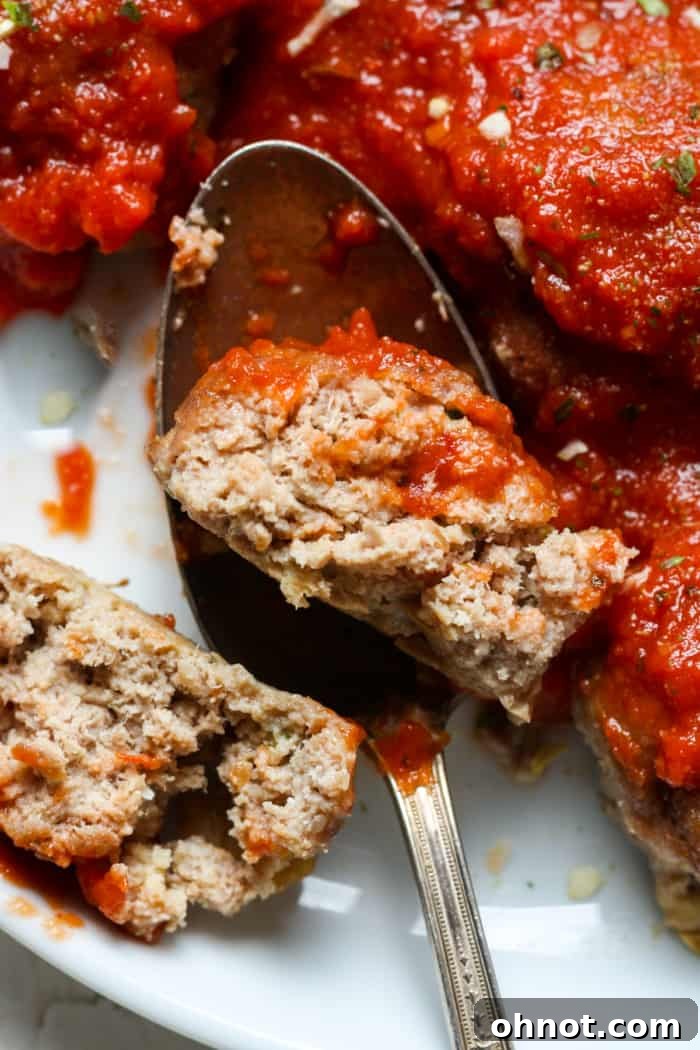 A serving of healthy turkey meatballs garnished with fresh parsley and sauce.