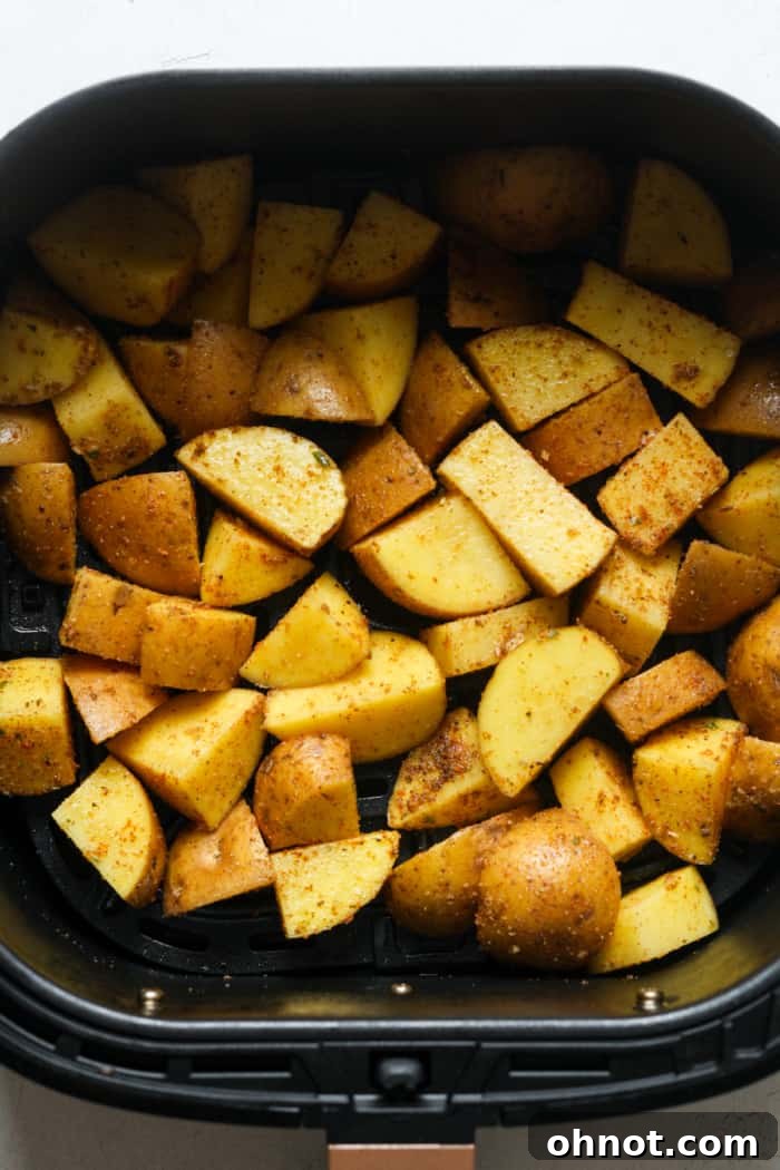 Seasoned potatoes arranged in a single layer in an air fryer basket, ready for cooking.