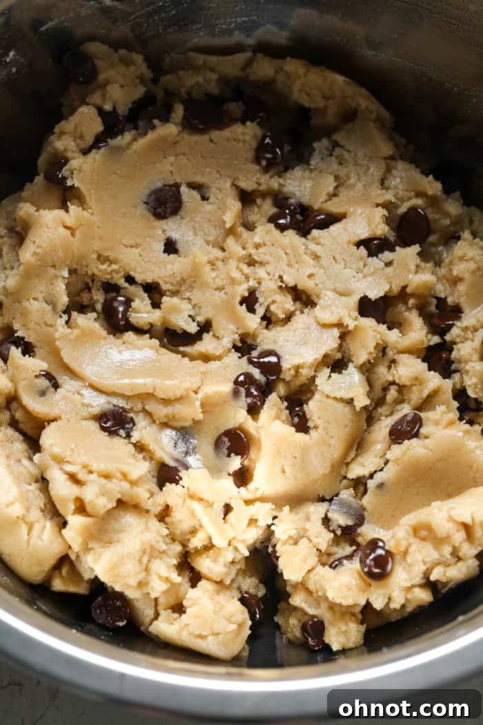 Vegan cookie dough with chocolate chips in a bowl.