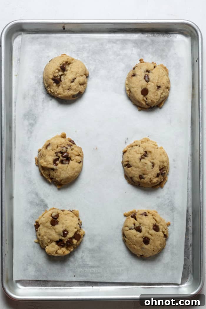 Freshly baked vegan cookies on a baking pan.
