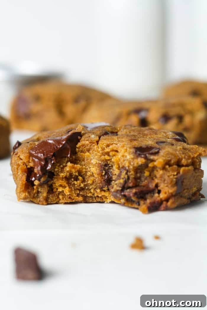 A gooey, freshly baked pumpkin cookie showing its soft texture.