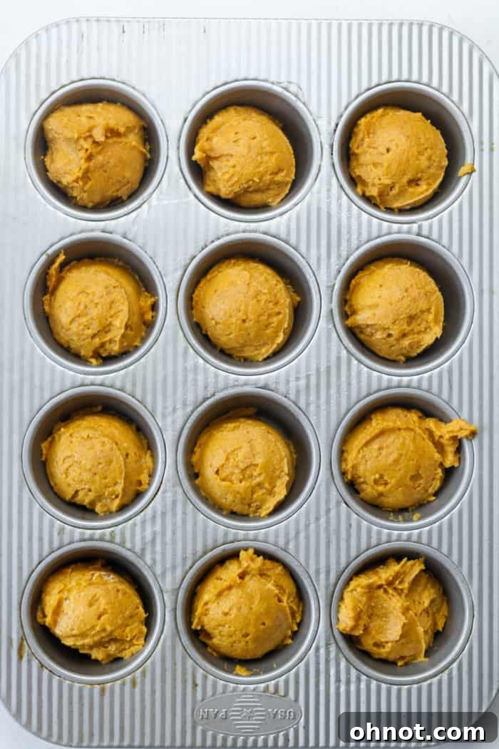 Raw muffin batter neatly scooped into a muffin pan.