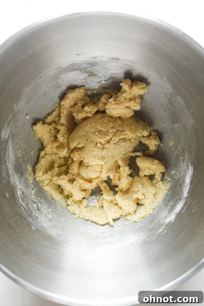 The completed sugar cookie dough in the mixing bowl, ready for scooping.
