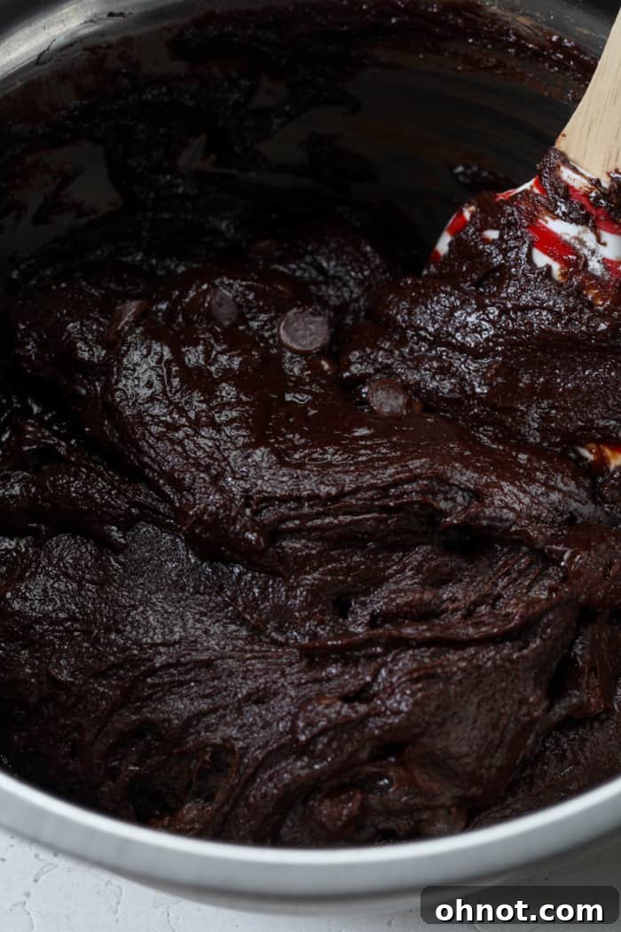 Vegan brownie batter with chocolate chips folded in, showing a rich, thick texture.