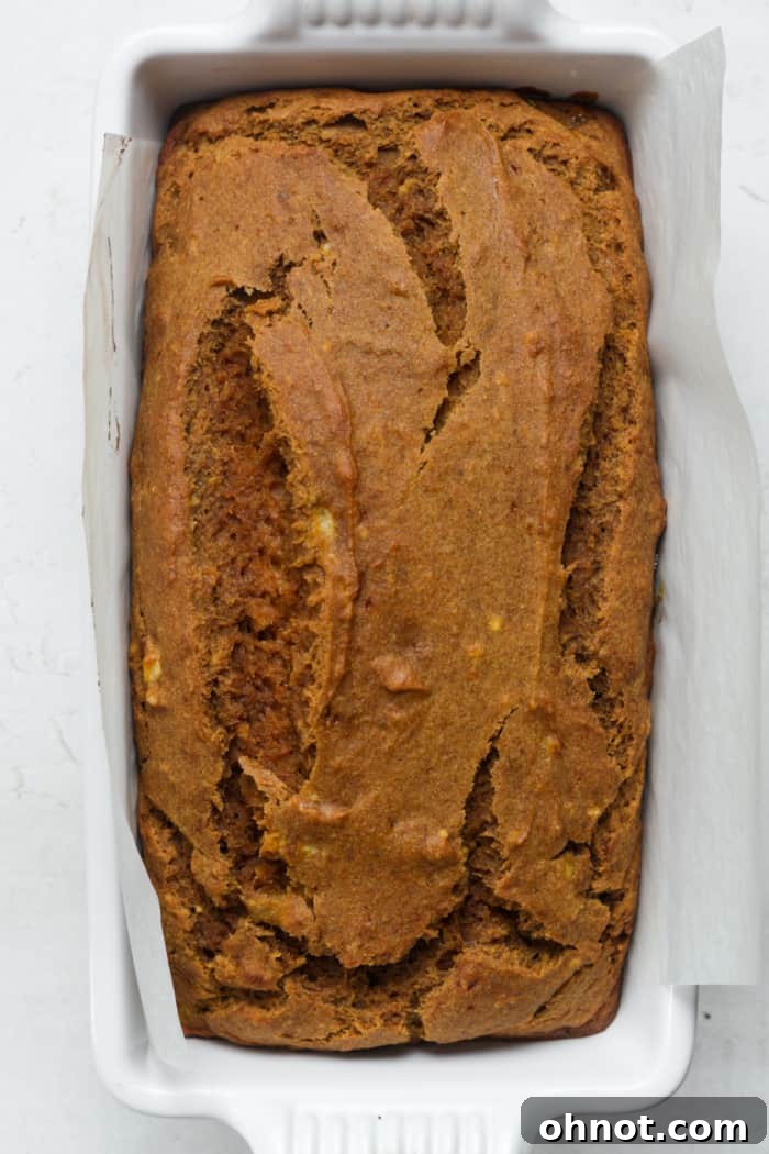 A perfectly baked, golden-brown pumpkin banana loaf emerging from the oven, still in its pan.