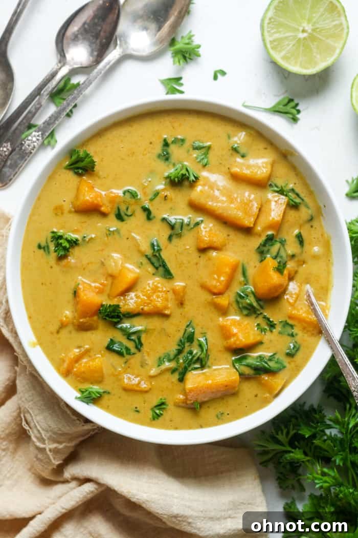 A vibrant bowl of butternut squash curry, garnished with fresh herbs, showcasing its rich, creamy texture and golden hue.