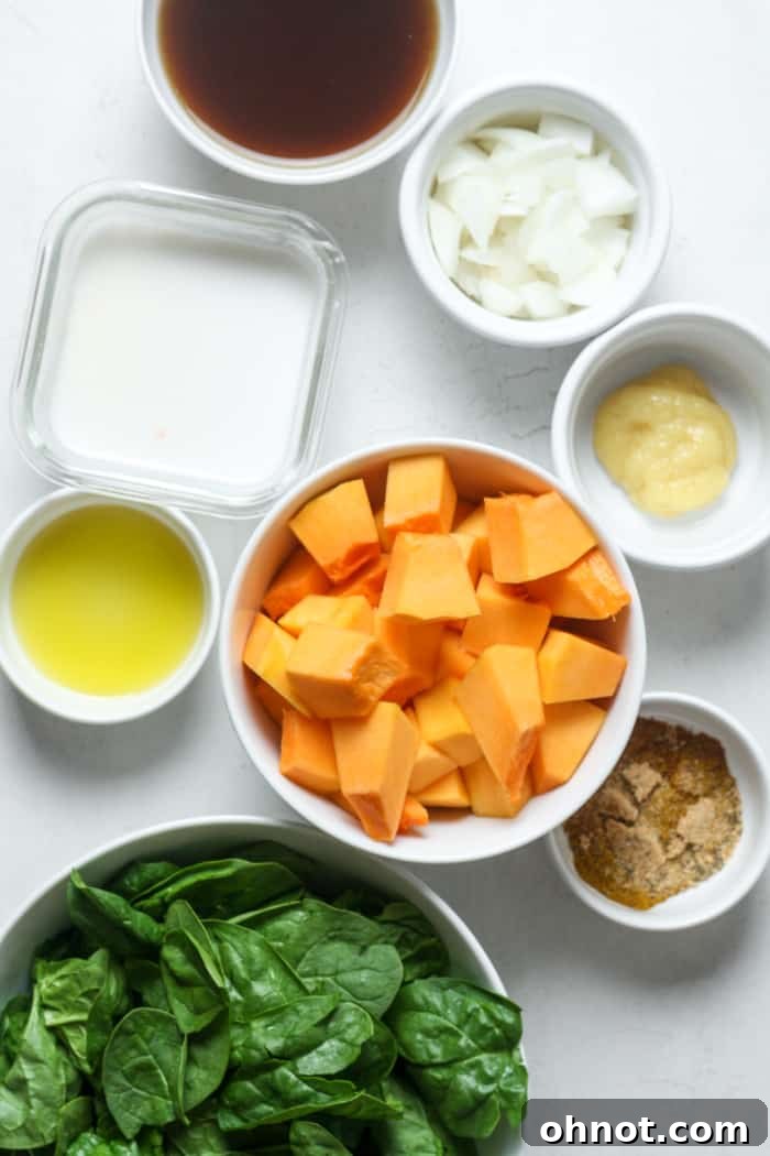 Assorted fresh ingredients for butternut squash curry including cubed butternut squash, vibrant spinach, onion, and spices arranged on a cutting board.