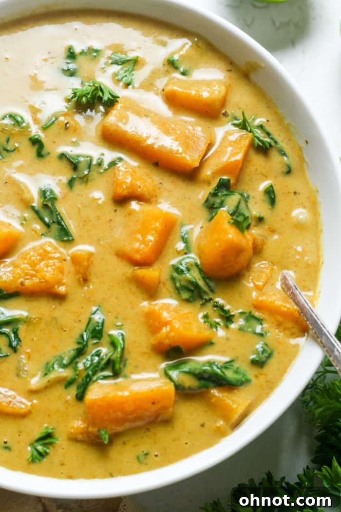 A bowl of healthy, vibrant vegan butternut squash curry, garnished with fresh herbs.