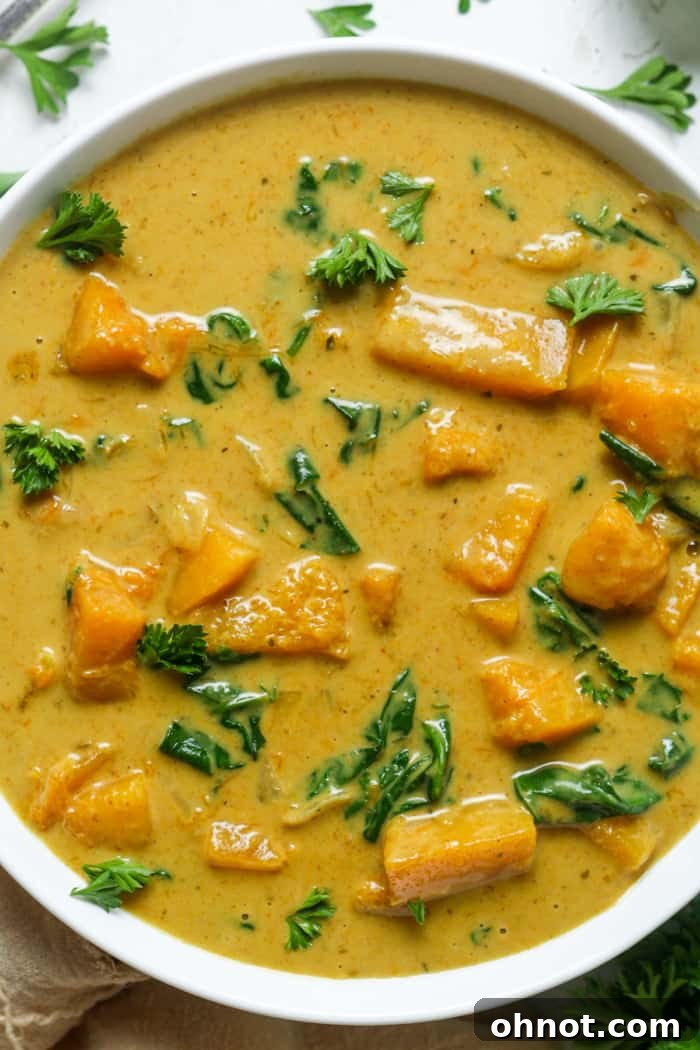 A beautifully plated bowl of squash curry, highlighting its rich color and inviting presentation.