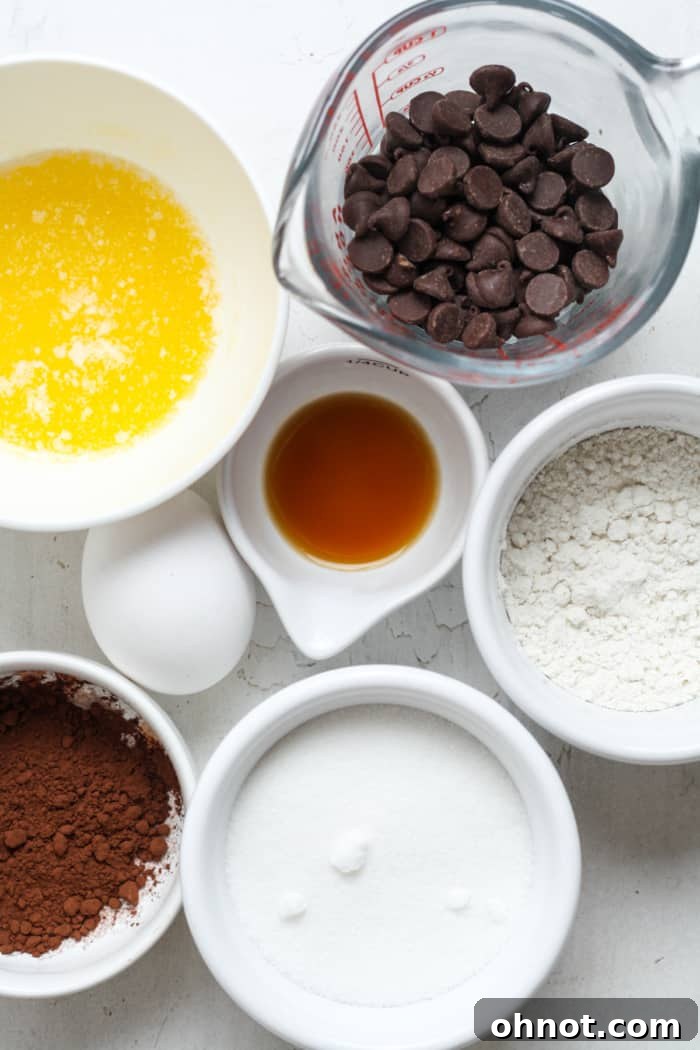 Egg, butter and cocoa powder. Key ingredients for baking brownies laid out.
