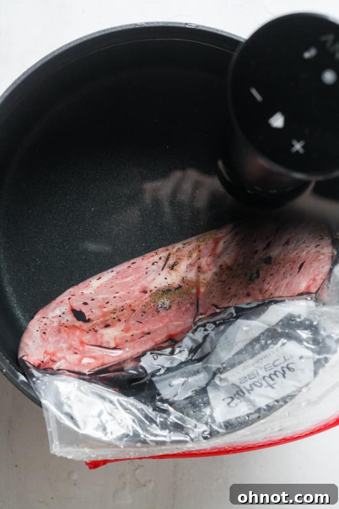 Tri tip steak cooking in a sous vide water bath.