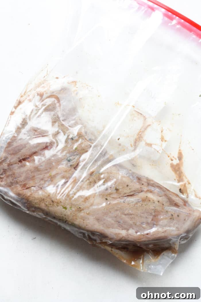 Sous vide cooked tri tip steak removed from the bag.