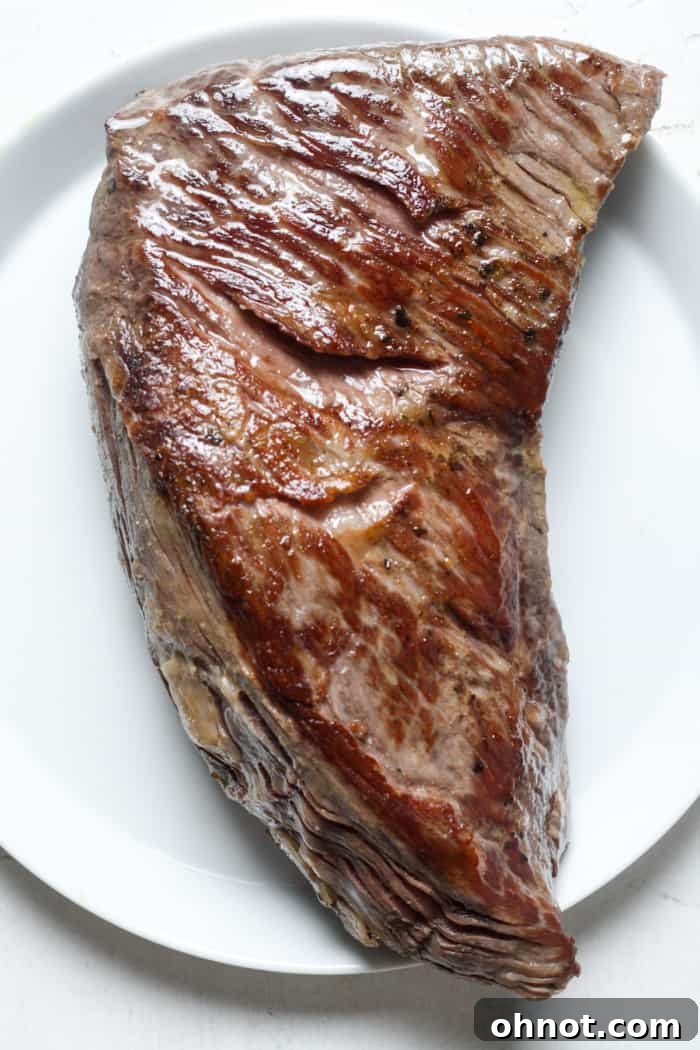 Perfectly seared tri tip steak on a plate, ready to be sliced.