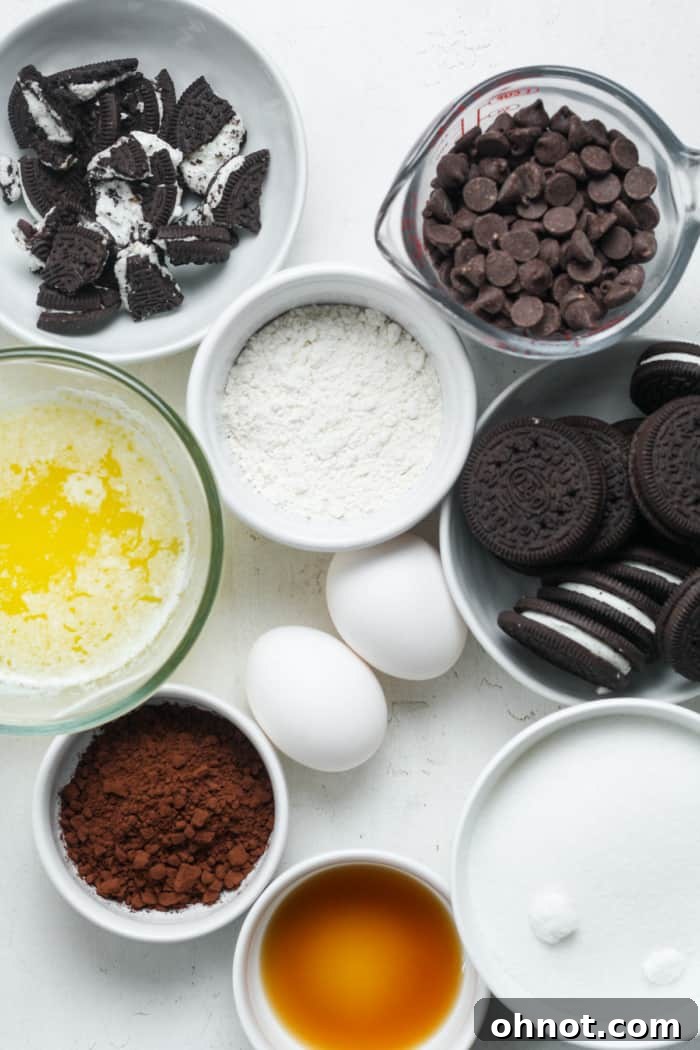 A beautiful flat lay of Oreos and other essential ingredients for baking brownies.