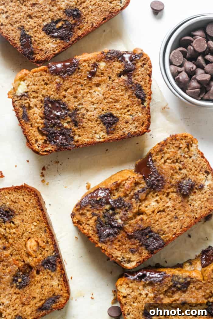 Perfectly baked slices of protein banana bread with chocolate chips.