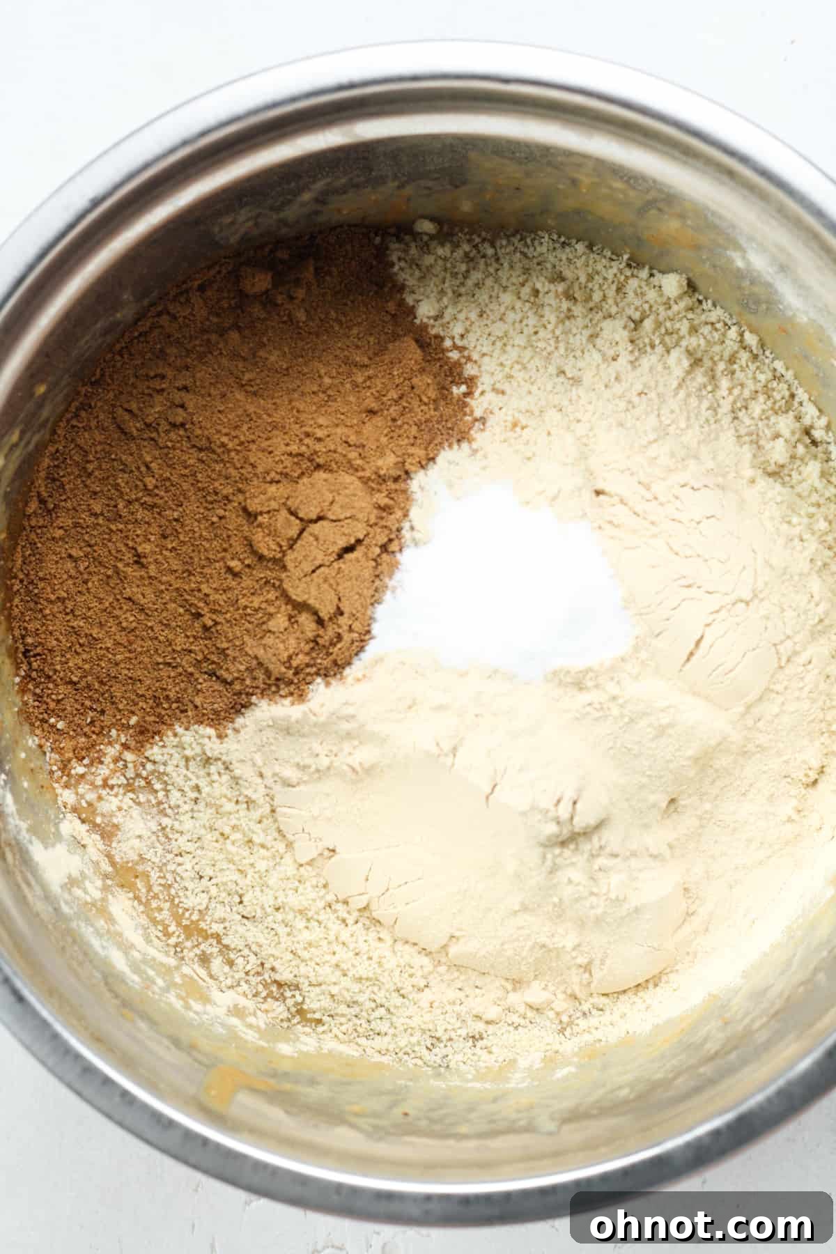 Dry ingredients including almond flour, protein powder, coconut sugar, and baking soda.