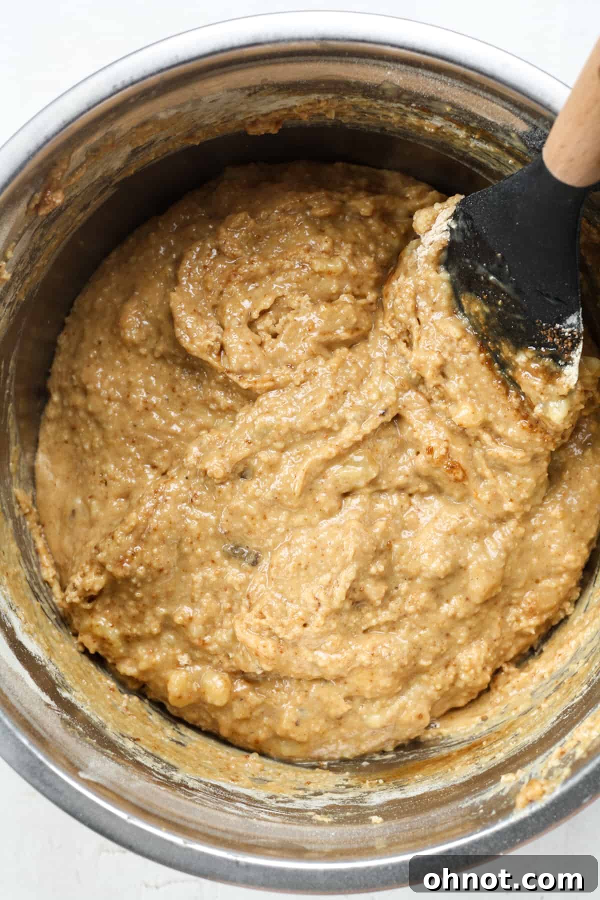 Smooth protein banana bread batter after all ingredients are combined.