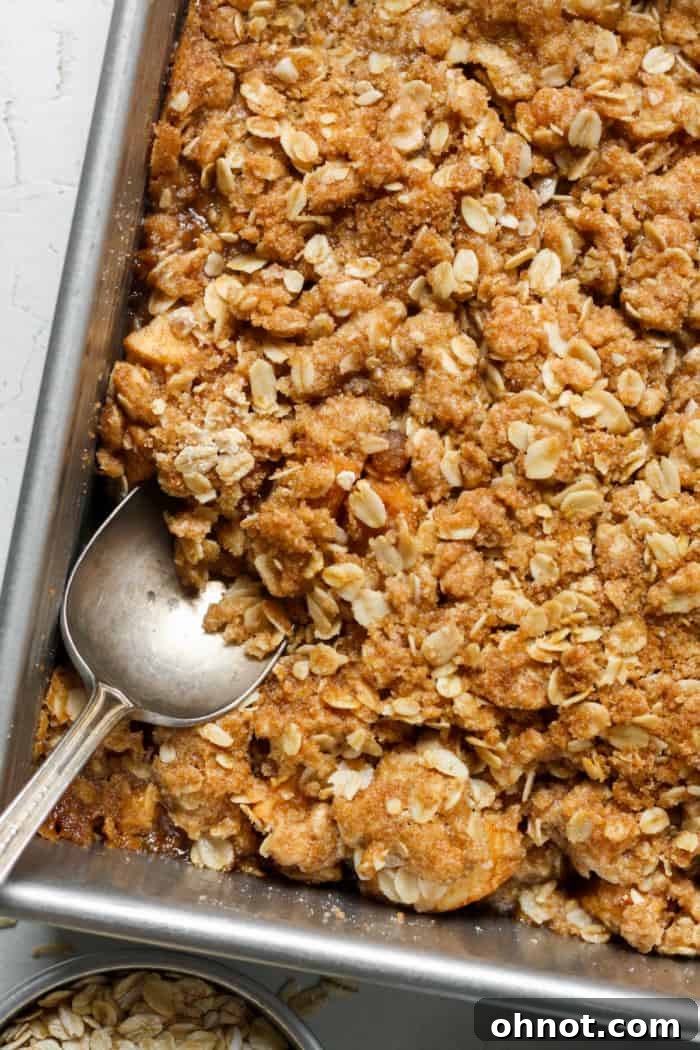 Freshly baked gluten-free apple crisp, served with a spoon, showing the tender apples and golden topping.